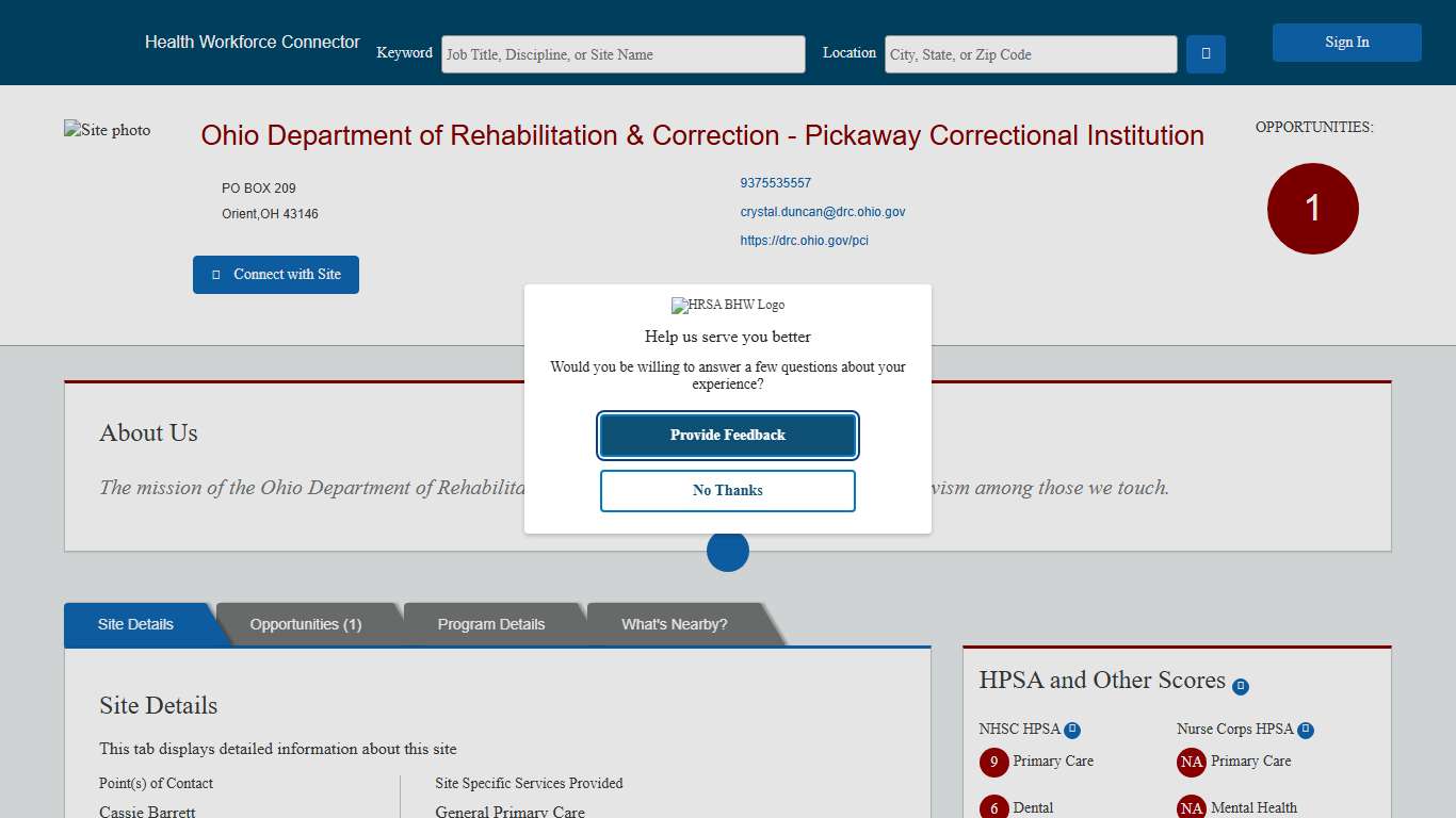 Health Workforce Connector - Site Profile Page